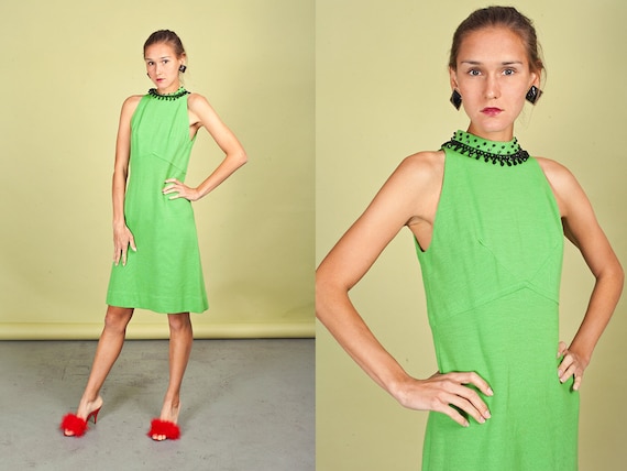 60s Apple Green Cocktail Dress Vintage Rhinestone Mod Halter Dress