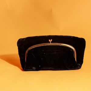 50s Black Velvet Gold Hardware Clutch Vintage Fold Over Formal Purse