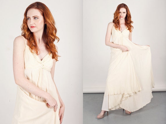 50s Grecian Dress Vintage Crepe Dress Cream Long … - image 3