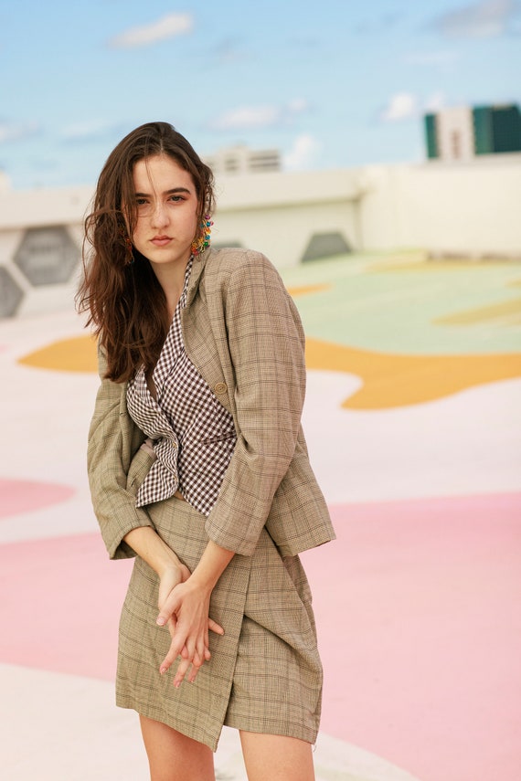 90s Grey Wool Plaid Matching Suit Vintage Clueles… - image 3
