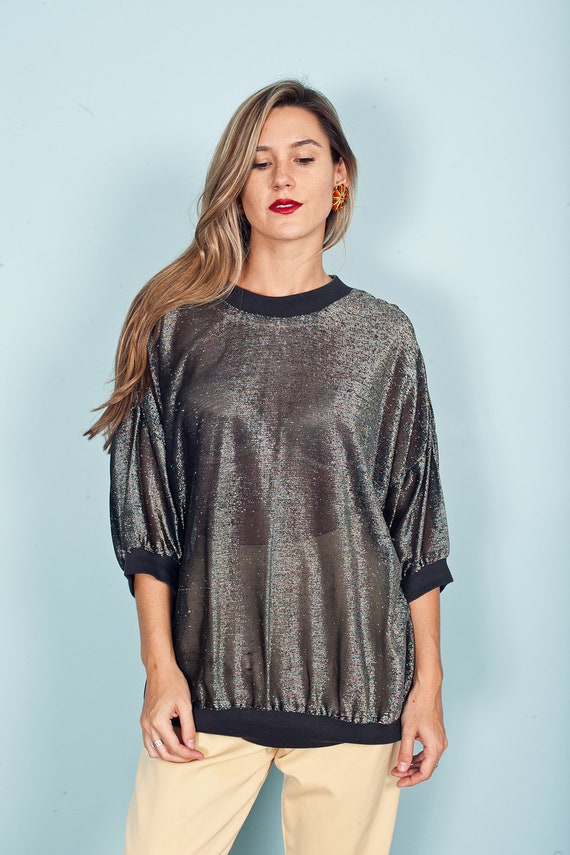 80s Shimmery Slouchy Blouse Vintage Black Glitter… - image 3