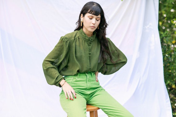 70s Olive Green High Collar Top Vintage Statement