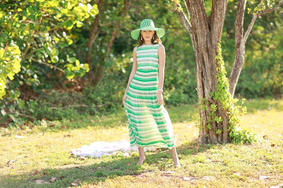 70s Striped Pleated Dress Vintage Green Flowy Str… - image 3