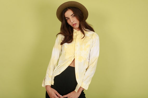 60s Pale Yellow Tie Dye Cotton Blouse Vintage Han… - image 3