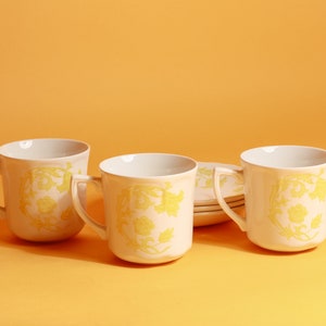 Set of 3 80s Vintage White Yellow Floral Pattern Ceramic Teacups with Plates image 5