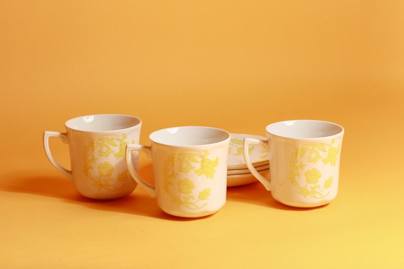 Set of 3 80s Vintage White Yellow Floral Pattern Ceramic Teacups with Plates image 5