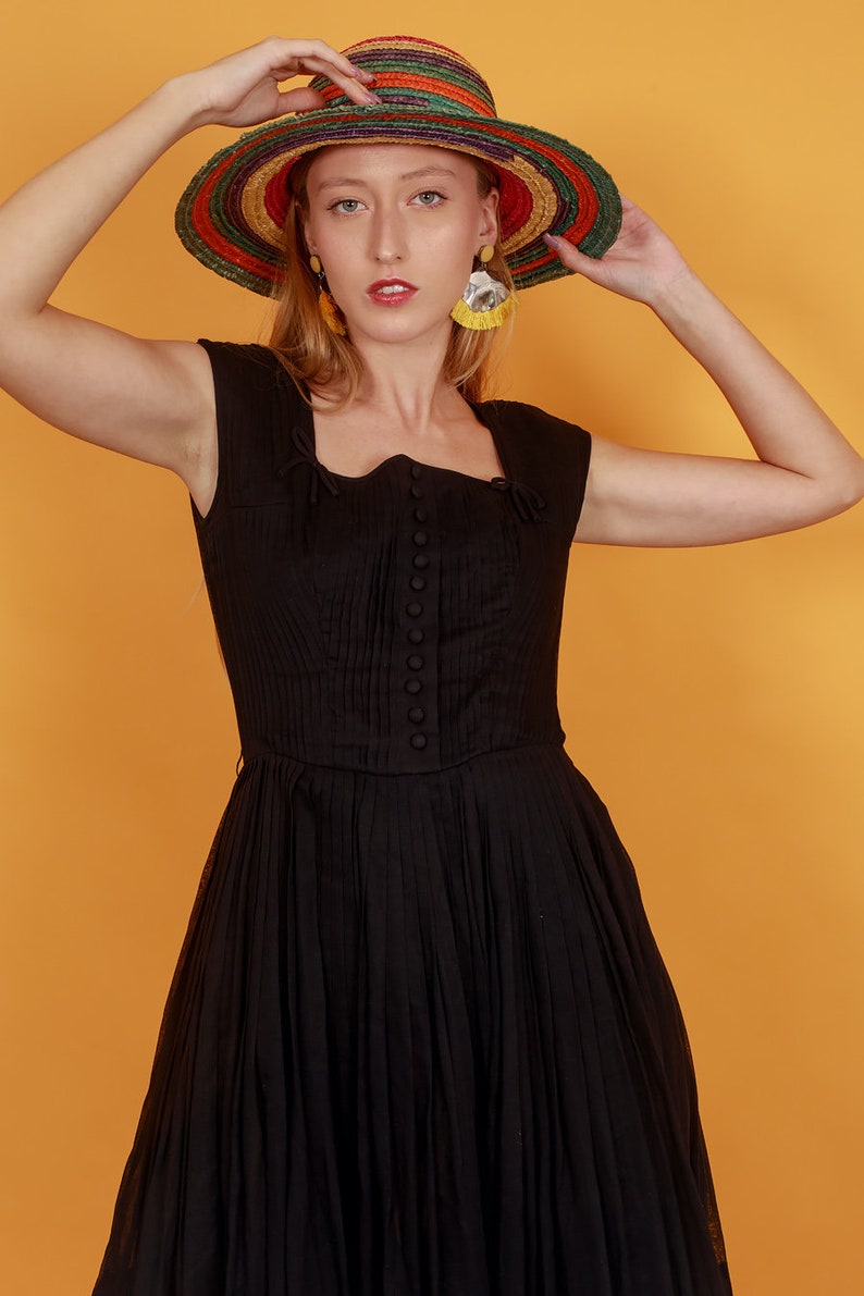 50s Black Party Dress Vintage Bow Pleated Fitted Swing Party Dress image 5