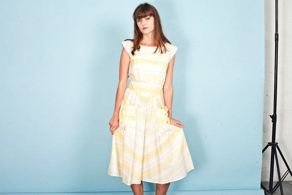 50s Yellow Striped Spring Dress Vintage Pocket Sl… - image 3