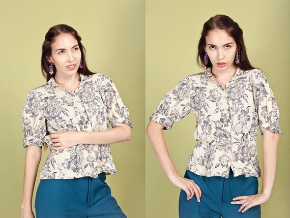 80s Beige Floral Romantic Blouse Vintage Crepe Edw
