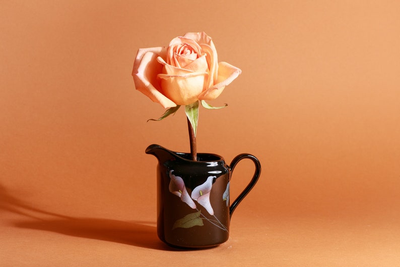 Vintage 80s Black Calla Lily Print Short Jug Pitcher Vase image 1
