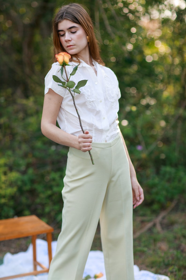 60s Pale Green Knit Trousers Vintage Mid Waist Textured Pants image 6