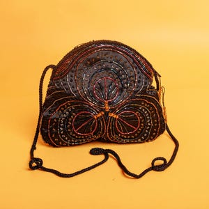 80s Black Multi Color Beaded Crossbody Bag Vintage Tassel Intricate Evening Purse