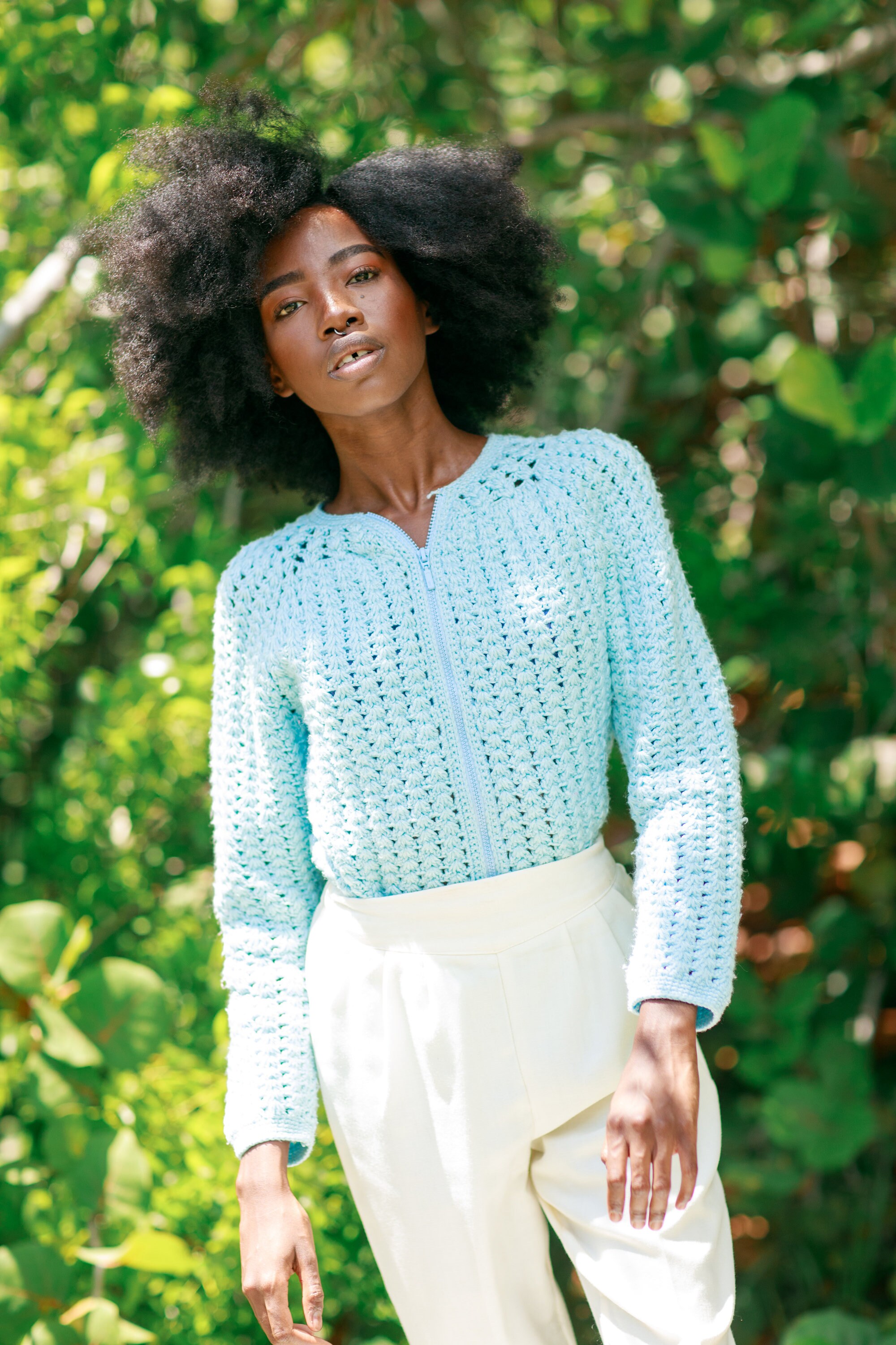 70s Blue Knit Crochet Long Sleeve Sweater Vintage Aquamarine