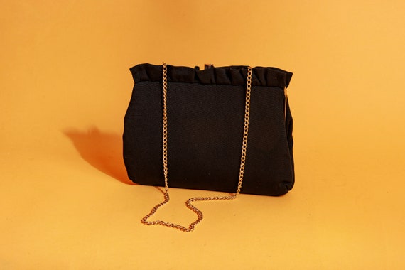 50s Black Fabric Gold Chain Purse Vintage Metal E… - image 4