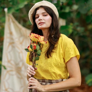 80s Bright Yellow Eyelet Cotton Blouse Vintage Short Sleeve Embroidered Crop Top image 5