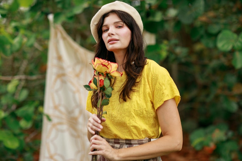 80s Bright Yellow Eyelet Cotton Blouse Vintage Short Sleeve Embroidered Crop Top image 5