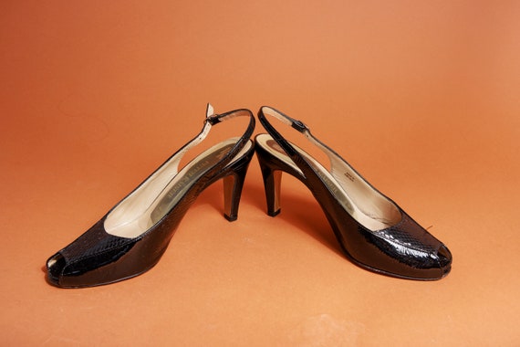 2000s Black Peep Toe Adjustable Heels Vintage Pat… - image 6