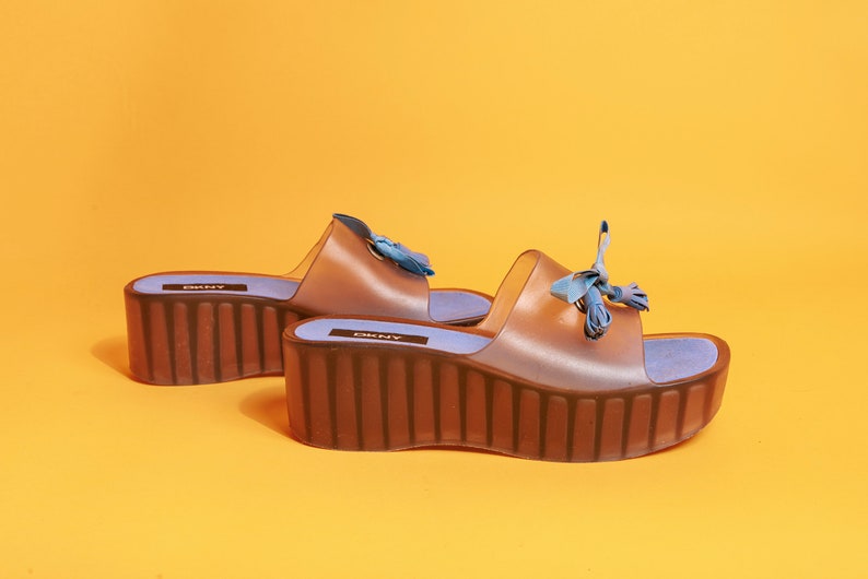 2000s Blue Jelly Slip on Platform Sandals Vintage Y2K DKNY Donna Karan Shoes image 6