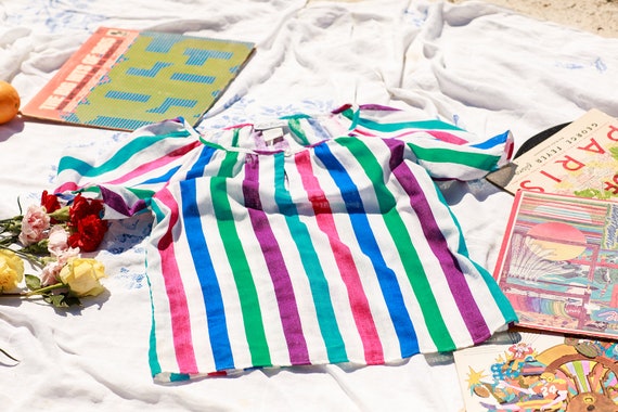 70s Striped Rainbow Summer Blouse Vintage Colorfu… - image 9