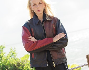50s Red Brown Two Tone Leather Colorblock Distressed Bomber Jacket Vintage 1950s Black School Zip Up Heavy Jacket