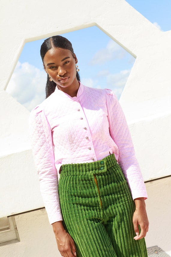 50s Pink Puff Sleeve Quilted Jacket Vintage Mutton Sl… Gem