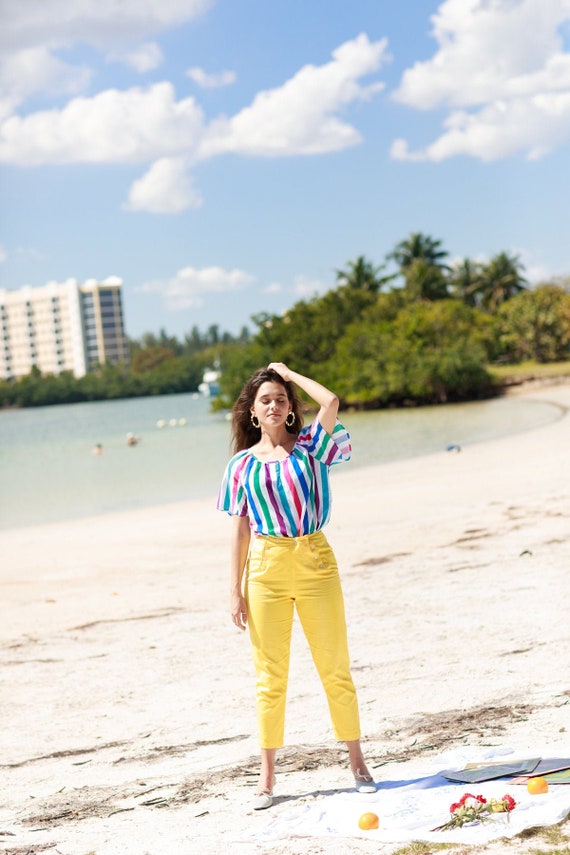 50s Bright Yellow Cotton Trousers Vintage High Wa… - image 1