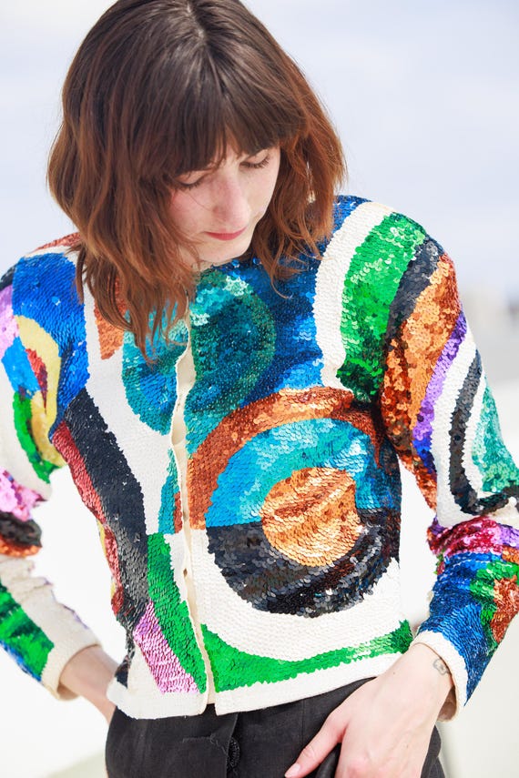 80s Bright Geometric Pattern Fully Sequin Long Sl… - image 2