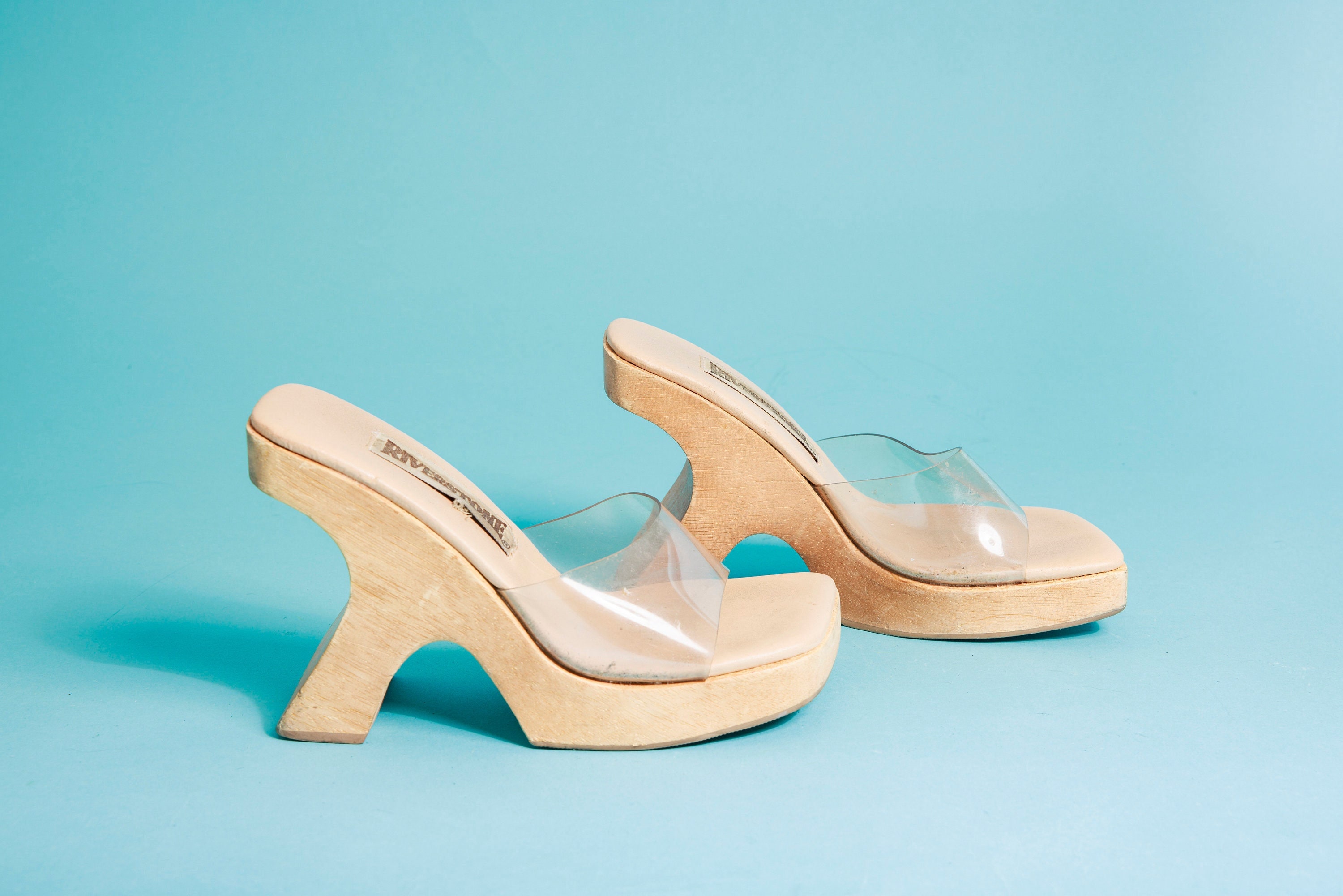 90s Beige Clear Wooden Clog Heels Vintage Strappy Statement Y2k Shoes
