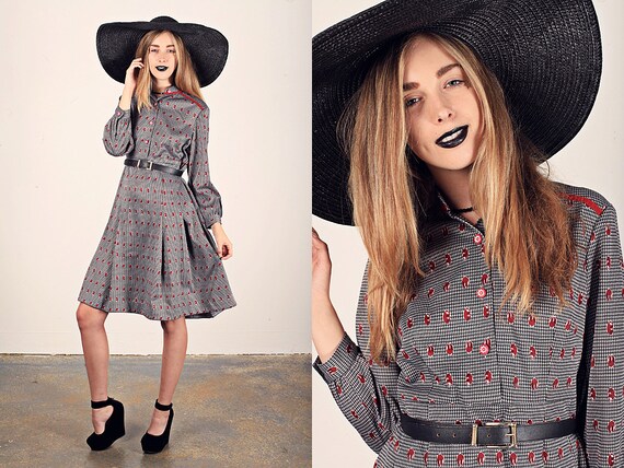 60s Mod Dress Vintage Grey Gray Geometric Print Dr
