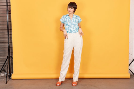 【Italy製】80〜90s linen slacks 80s White Linen Crisp Trousers Vintage Straight Leg Classic