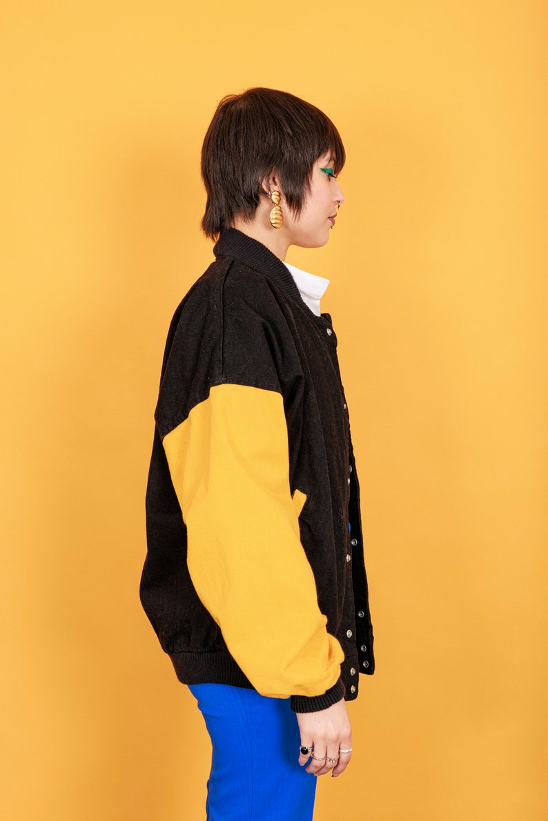 80s Black Yellow Varsity Jacket Vintage Long Sleeve Oversize Unisex Bomber Jacket image 8