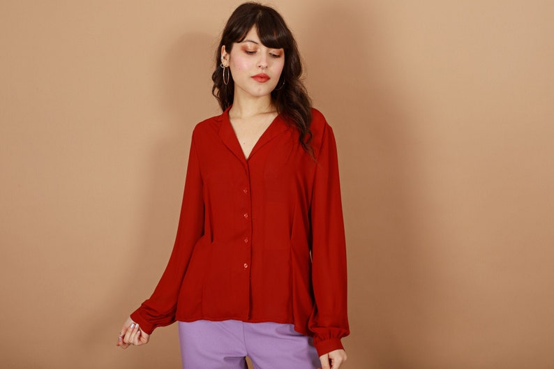 70s Rusty Red Long Sleeve Top Vintage Fitted Collar Blouse