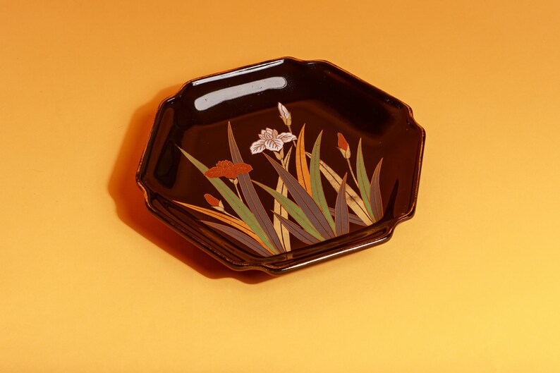 80s Black Gold Carnation Japanese Tulip Decorative Tray Plate image 1