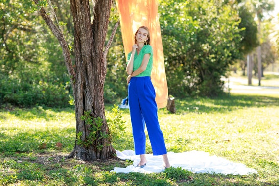 80s Bright Blue Cropped Trousers Vintage High Wai… - image 4