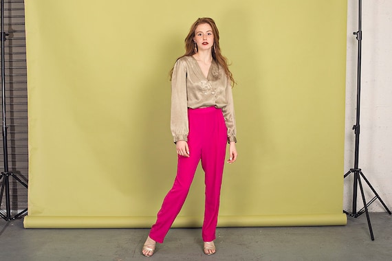 80s Fuchsia Pink Straight Leg Pants Vintage Loung… - image 1