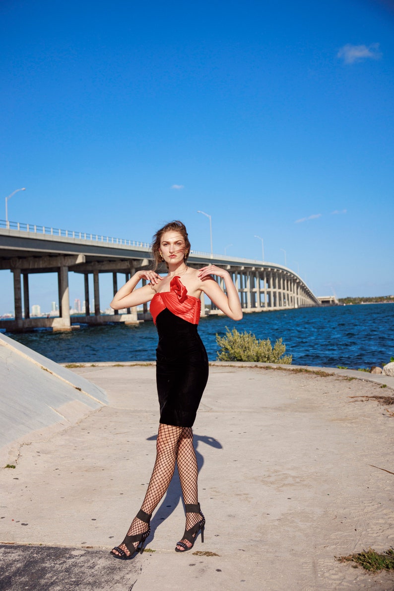 80s Black Red Velvet Fitted Oscar De La Renta Dress Vintage Statement Cocktail Designer Dress image 8