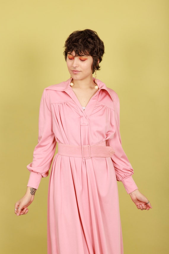70s Rose Pink Aline Flared Dress Vintage Belted L… - image 4