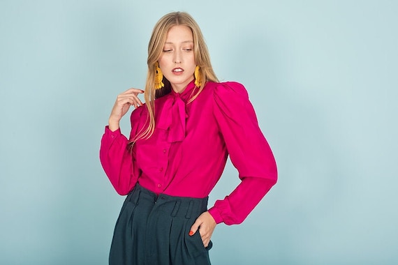 80s Hot Pink Fitted Shiny Blouse Vintage Fuschia B