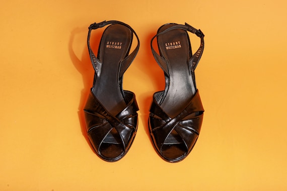 90s Black Stuart Weitzman Strappy Retro Heels Vin… - image 5