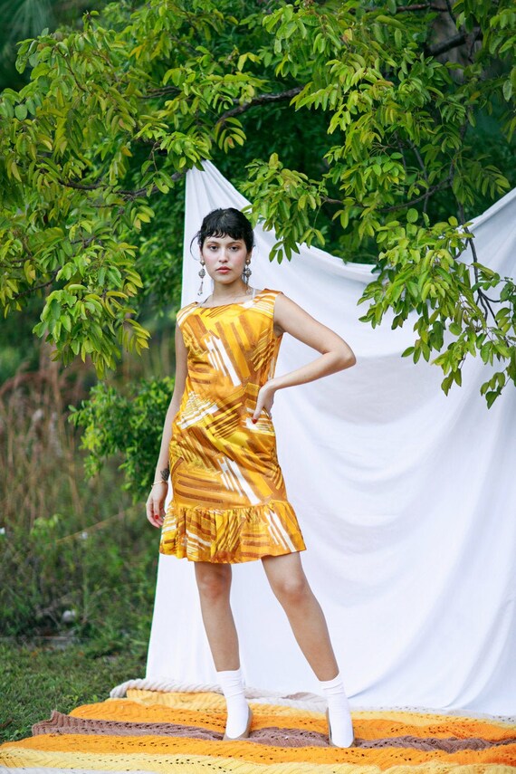60s Orange Abstract Paint Print Dress Vintage A Li