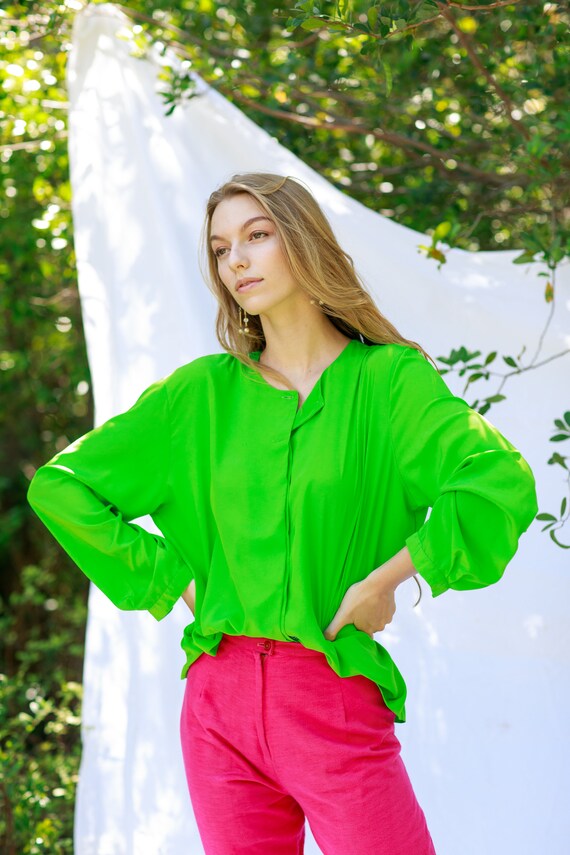 80s Bright Green Long Sleeve Top Vintage Colorful… - image 6