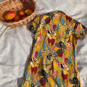 50s Yellow Orange Multi Color Pattern A Line Dress Vintage Silk Printed Wrap Dress image 10