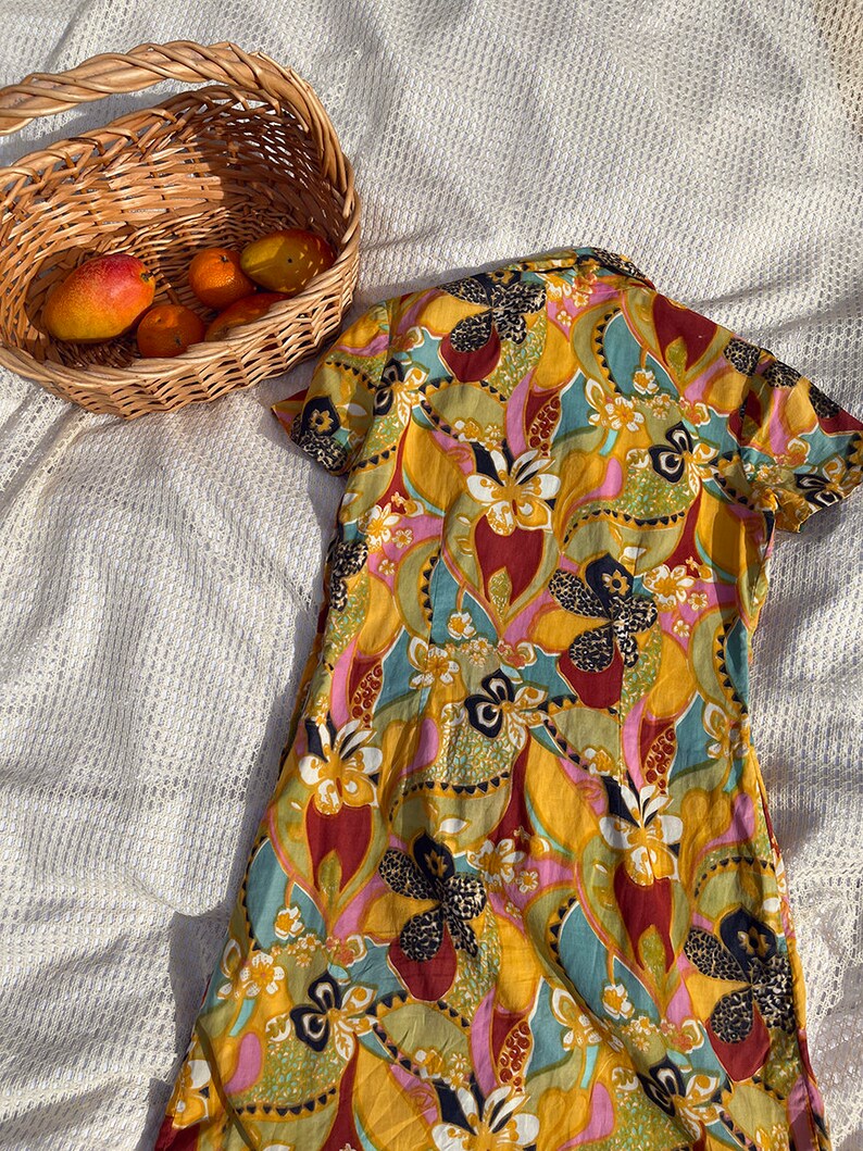 50s Yellow Orange Multi Color Pattern A Line Dress Vintage Silk Printed Wrap Dress image 10