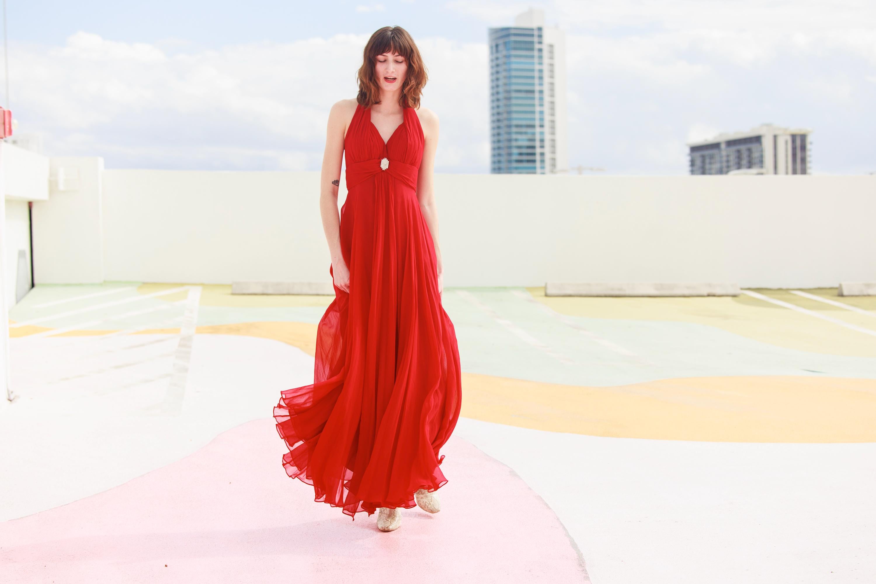 red silk chiffon dress Asymmetric silk chiffon dress with draping
