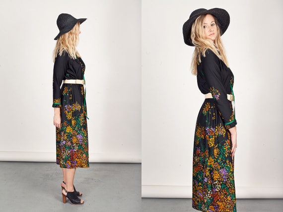 Vintage Floral Maxi Dress: 50s Black Yellow Loung… - image 5