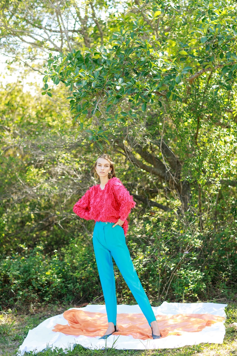 80s Bright Blue Sheen High Waisted Legging Pants Vintage Fitted Trousers image 7