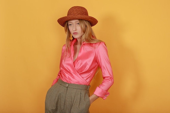 80s Pink Coral Statement Shimmer Blouse Vintage Wr
