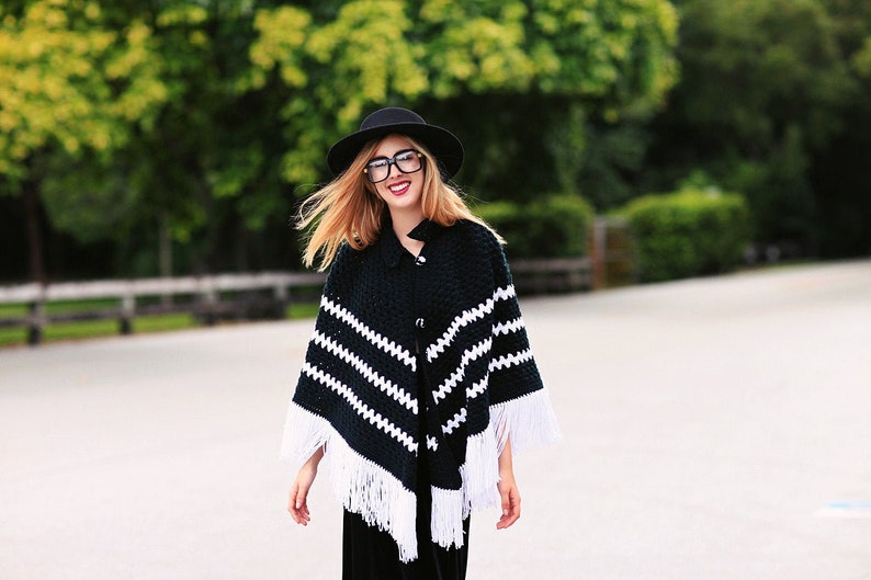 60s Fringe Poncho Vintage Black White Striped Knitted Poncho image 1