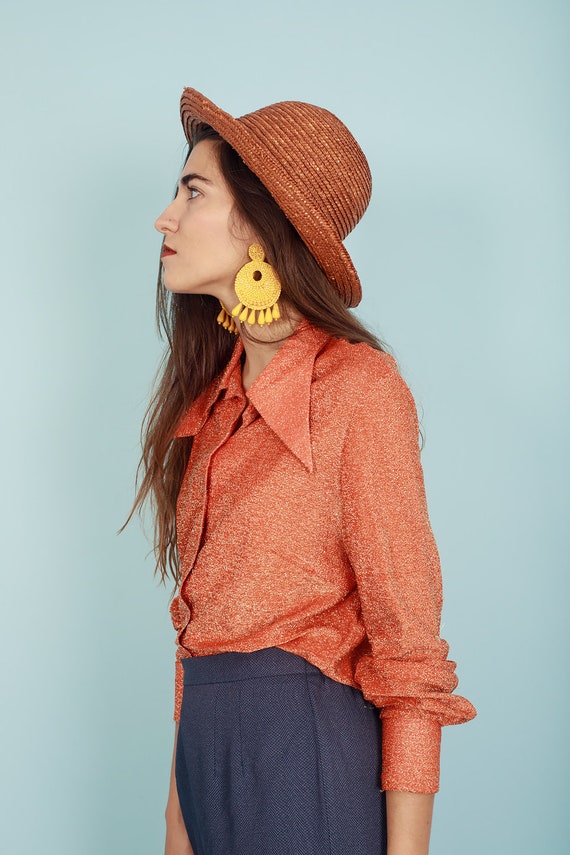 70s Orange Glitter Blouse Vintage Long Sleeve Shi… - image 3