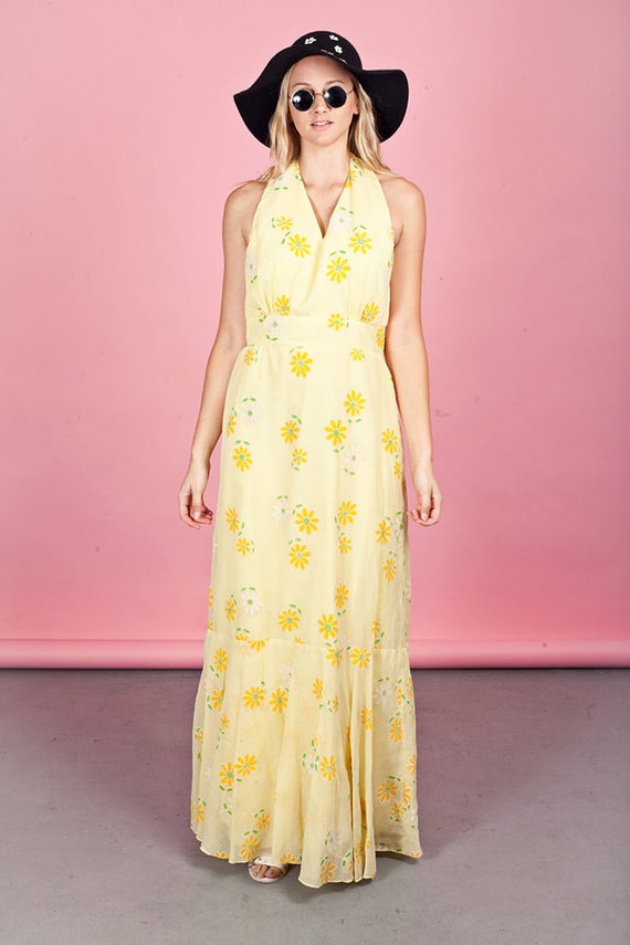 60s Daisy Print Halter Maxi Vintage Yellow White B